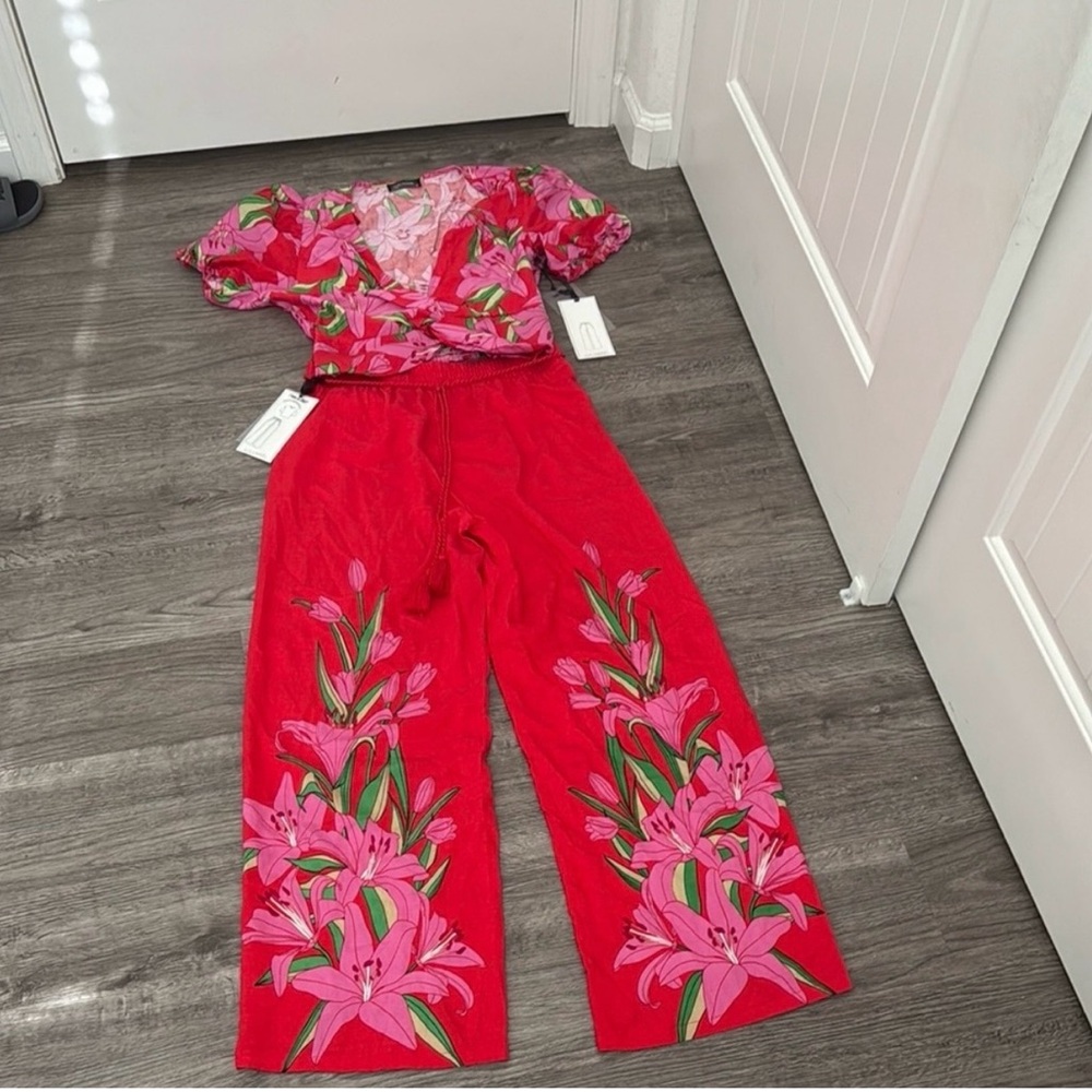 Lulumari Red Jumpsuit with Pink Floral Design